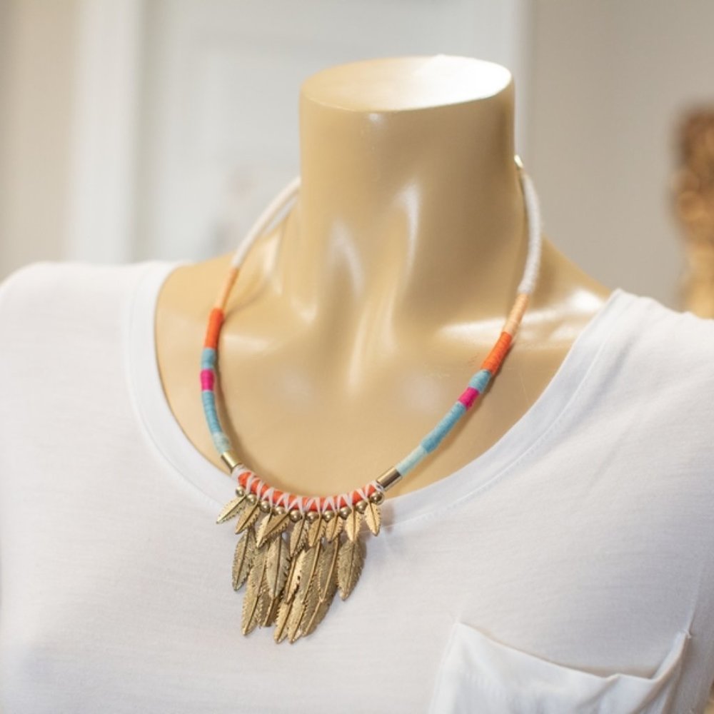NWOT Thread Wrapped Rainbow Gold Feather Boho Collar Necklace